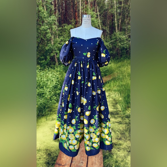 Handmade Puff Sleeve Sweetheart Navy Blue Dots & Lemons Border Cottagecore Gown - Picture 2 of 4